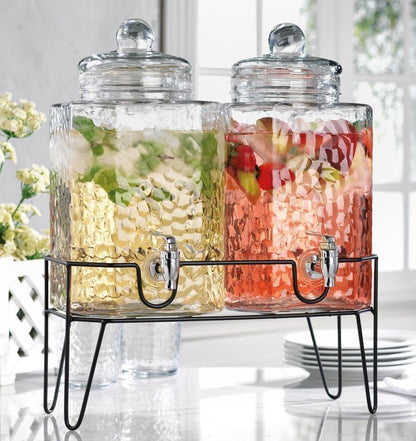3 Gallon Glass Drink Dispenser with Metal Stand & Lid – Hammered Beverage Dispenser with Leakproof Spigot, Wide Mouth for Easy Fill – Ideal for Parties, Lemonade, Iced Tea, Sangria & More