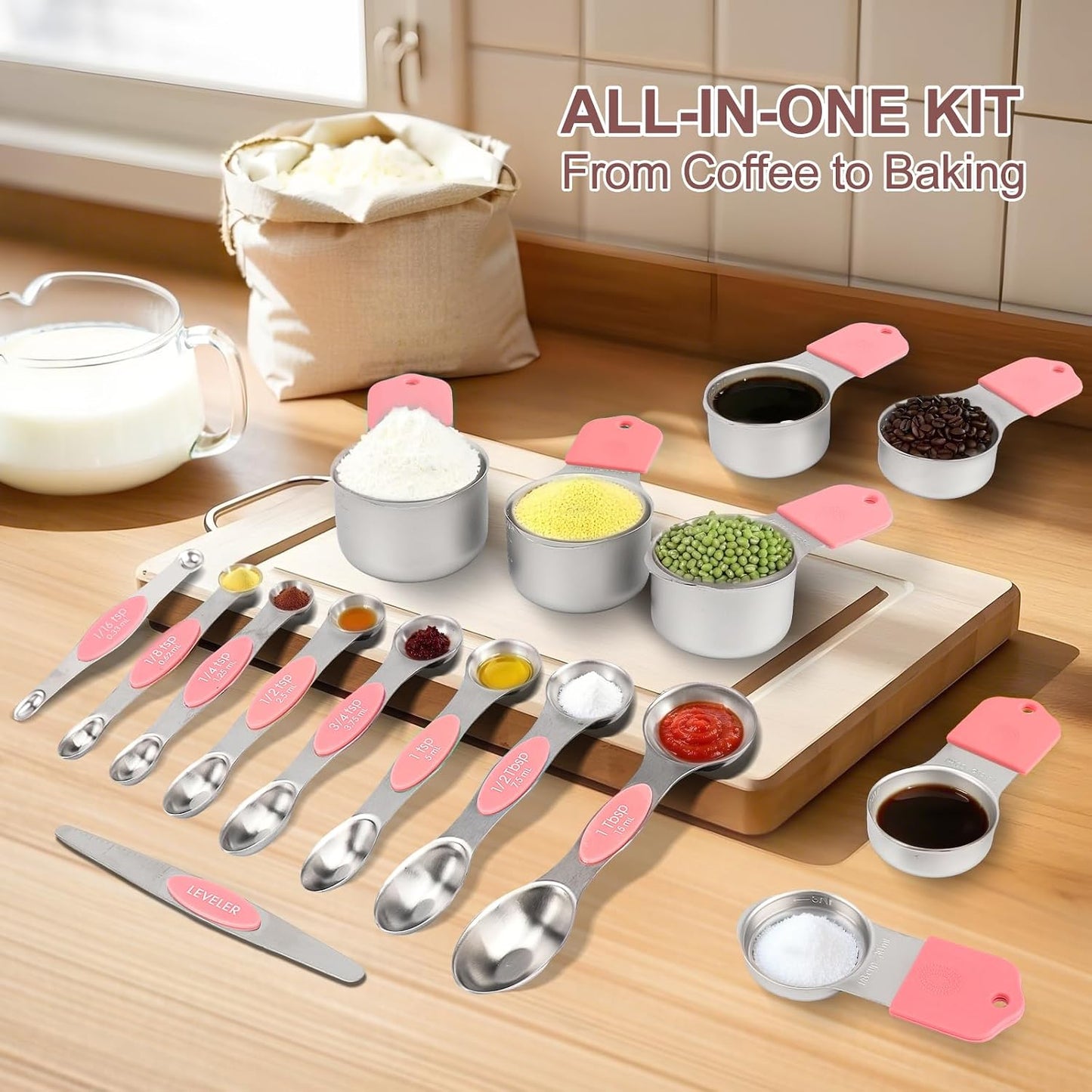 16-Piece Stainless Steel Measuring Cups and Spoons Set, Strong Magnetic Nesting Design 7 Cups 8 Spoons with Leveler, Double Measurement Markings for Dry & Liquid Ingredients, Gold