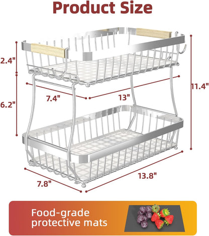 Sevenblue 2 Tier Large Fruit Basket for Kitchen Counter with 2 Mobile Banana Hangers, 2026 Pro Detachable Metal Fruit Bowl with Wooden Handle, Fruit Holder for Bread Snack Veggies with Protective Mats