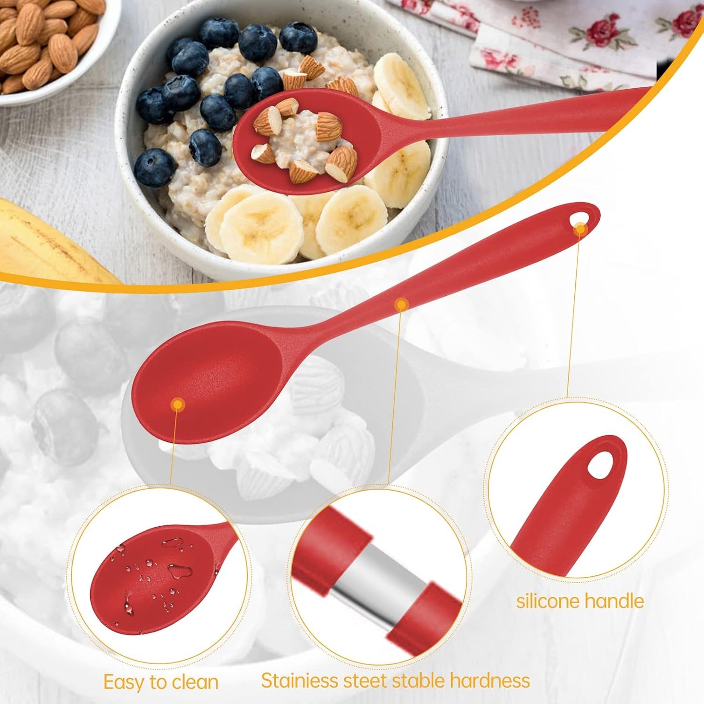2 Pcs Silicone Nonstick Mixing Spoon, Silicone Spoons for Cooking Heat Resistant, Cooking Utensil for Kitchen Cooking Baking Stirring Serving (Black)