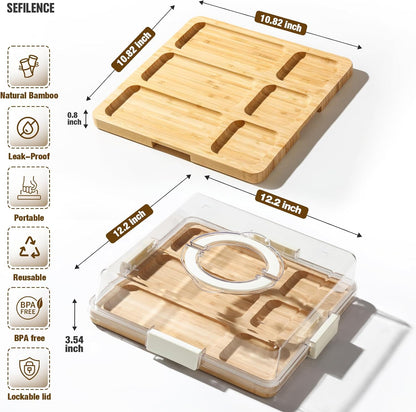 Charcuterie Board with Clear Locking Lid and Handle, 6 Compartment Bamboo Cheese Board Snackle Box, Portable Cutting Board for Snacks, Fruits&Meats, Ideal Gift for Parties, Birthday& House Warming