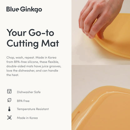 Blue Ginkgo Silicone Cutting Boards – Set of 3 (Small, Medium, Large) – Double-Sided, Thick, Flexible, Non-Slip, BPA Free – Juice Grooves, Dishwasher Safe (Made in Korea, Grey)