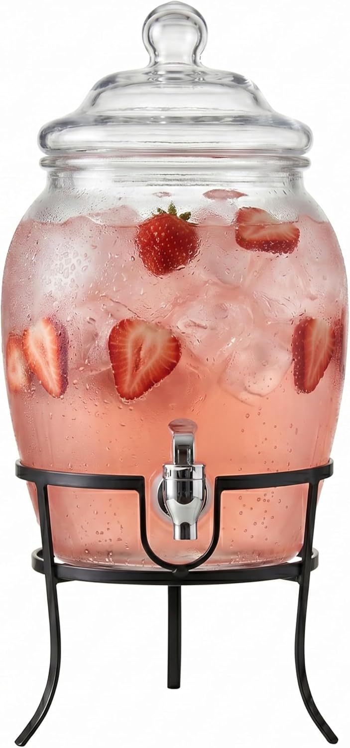 Style Setter Beverage Dispenser Cold Drink Dispenser w/ 2-Gallon Capacity Glass Jug, Metal Stand & Leak-Proof Acrylic Spigot, Glass Lid, Great for Parties, Weddings & More