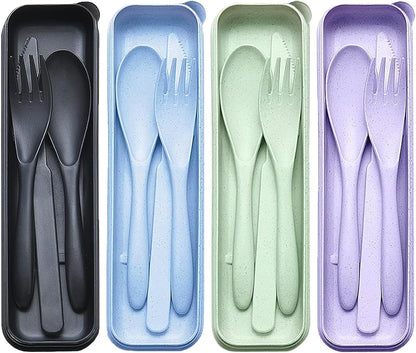 Reusable Travel Utensils Set with Case, 4 Sets Wheat Straw Portable Plastic Fork Spoons Knife Cutlery, Camping Eco-Friendly BPA Free Tableware for Kids Adults Work Picnic or Daily Use (Colorful)