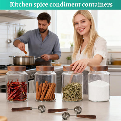 6 pc Glass Spice jars Glass Jars with Screw Lid 5 oz Acacia Wood Glass Herb Sugar Coffee Bean Ground Container Food Storage Canister for Candy Pantry Tea Seasoning Meal Prep Snack (6*150ml(5oz))