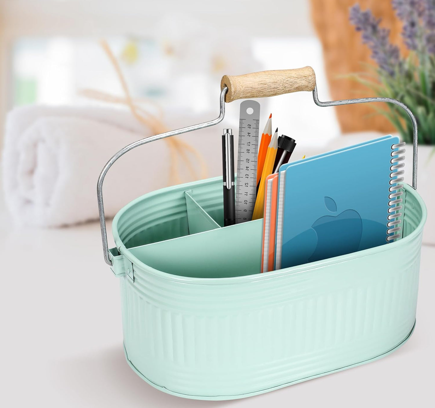 Alpha Living Home Galvanized Metal Utensil Caddy - Rustic Farmhouse Organizer Metal Garden Caddy with 4 Compartments and Wooden Handle for Kitchen, Buffet & Outdoor Events (Silver)