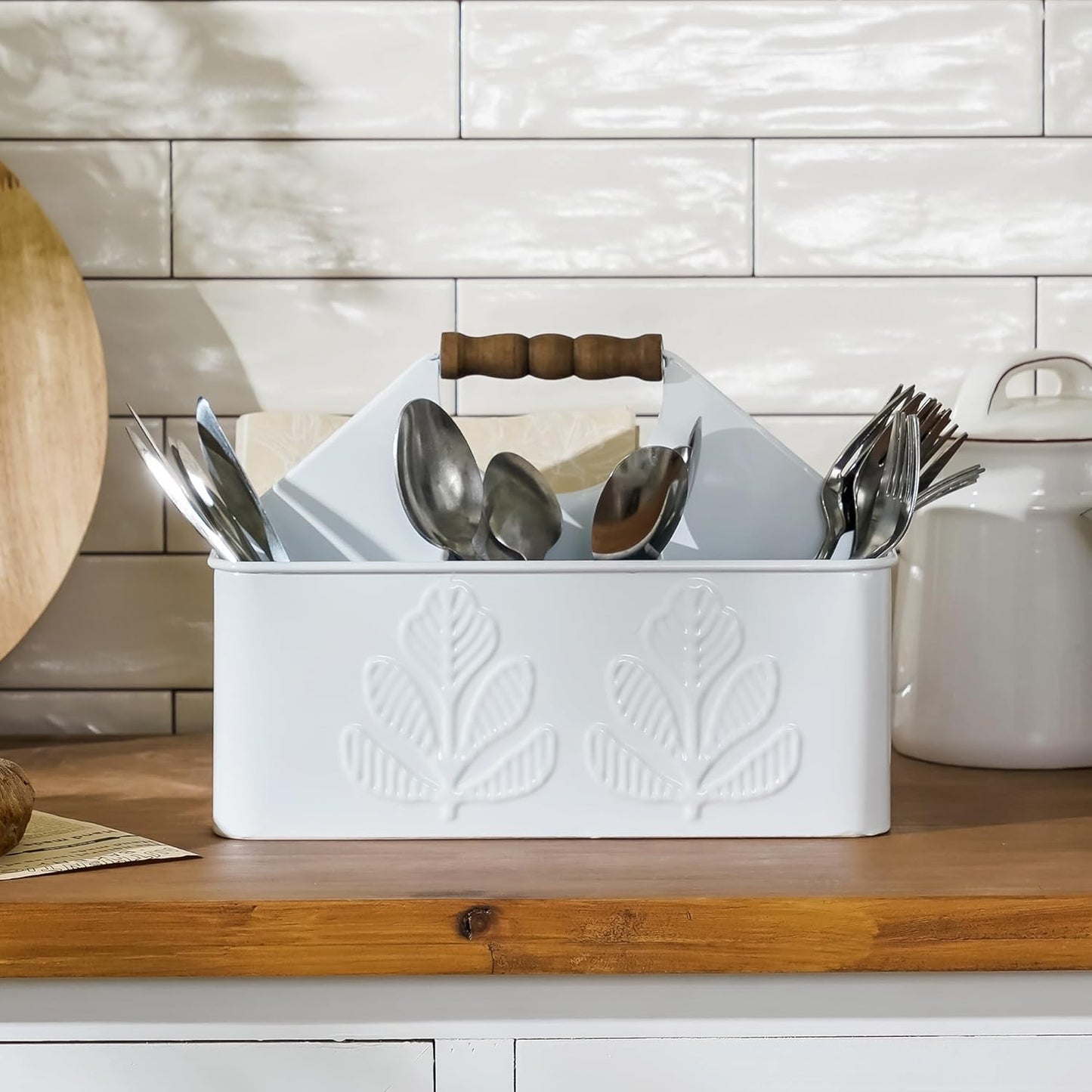 Silverware Caddy for Party Kitchen Flatware Holder for Countertop Metal White Plant Pattern Embossed Cutlery Organizer with 4 Compartments for Utensils, Spoons, Knives, Forks