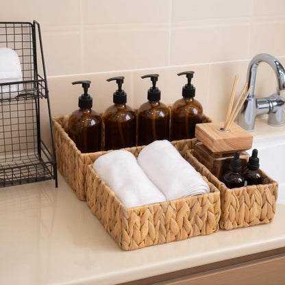 Natural Water Hyacinth Wicker Baskets Set of 3, Handwoven Nesting Organizer | for Pantry Shelves Bathroom and Bedroom Organization to Hold Towels or Books