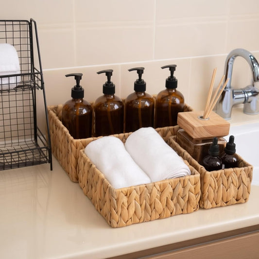 Natural Water Hyacinth Wicker Baskets Set of 3, Handwoven Nesting Organizer | for Pantry Shelves Bathroom and Bedroom Organization to Hold Towels or Books