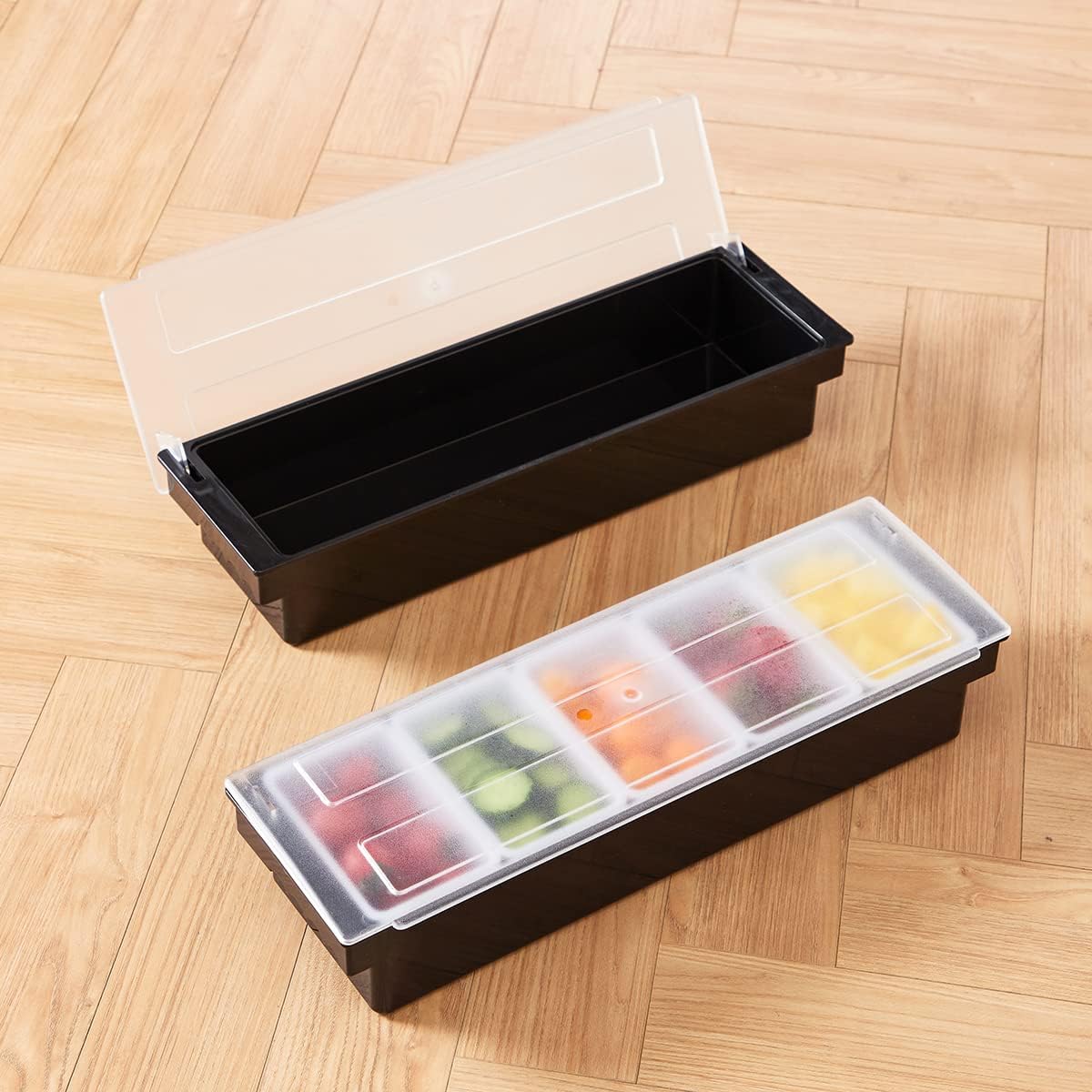Ice Cooled Condiment Serving Container-6 Compartment Chilled Garnish Tray Bar Caddy with Hinged Lid (6 Compartments)