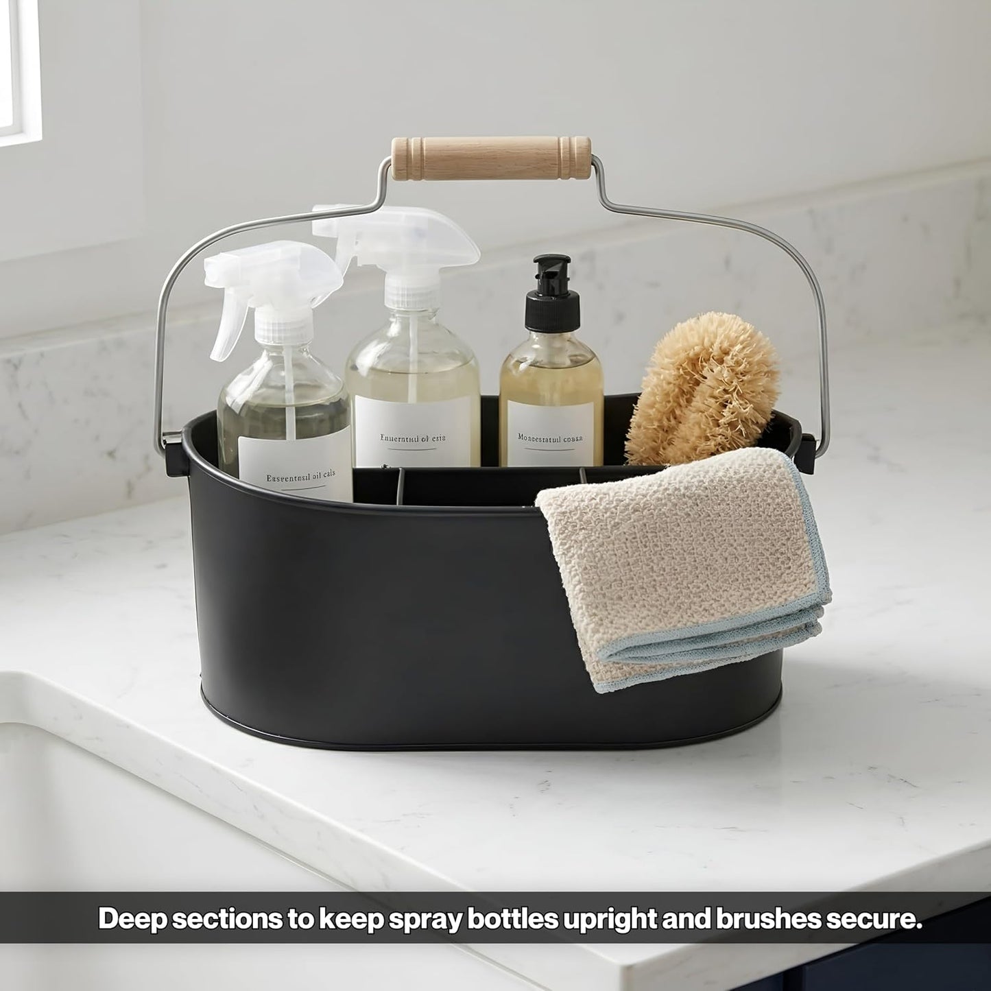 Alpha Living Home Galvanized Metal Utensil Caddy - Rustic Farmhouse Organizer Metal Garden Caddy with 4 Compartments and Wooden Handle for Kitchen, Buffet & Outdoor Events (Silver)