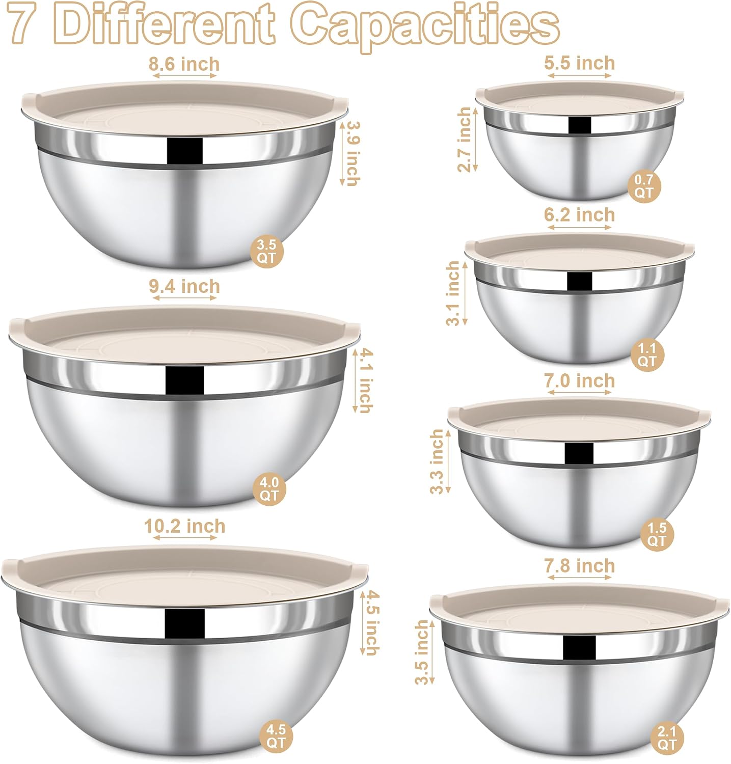 7 Piece Stainless Steel Mixing Bowls with Lids Set - Khaki Nesting Metal Mixing Bowls for Kitchen, Sizes 4.5, 4, 3.5, 2.1, 1.5, 1.1, 0.7 Qt for Baking, Cooking and Serving, Dishwasher Safe