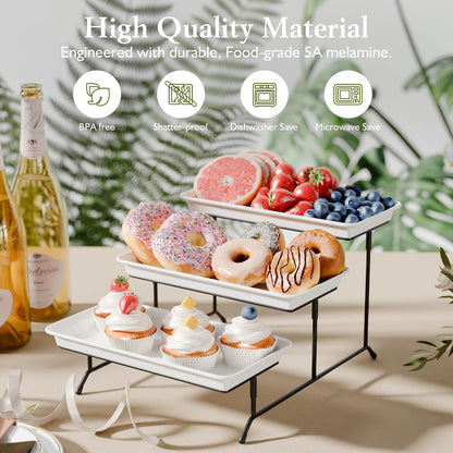 3-Tier Melamine Serving Tray Set, 11.5" x 5.6" Platters for Serving Food, Black Reusable Trays with Black Metal Display Stand for Cupcakes, Sevring Food, Dessert, Fruit, Cookie, Gold
