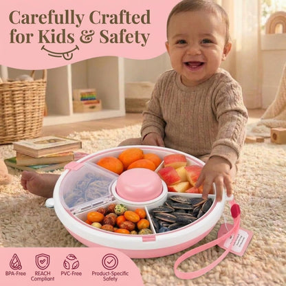 Proudy Portable Snack Spinner Bundle, Food Storage Container, Spinner Box with Rotating Storage, Reusable Kids Snack Container with 5 Compartment Dispenser and Lid, Spinner Box (Light Green)