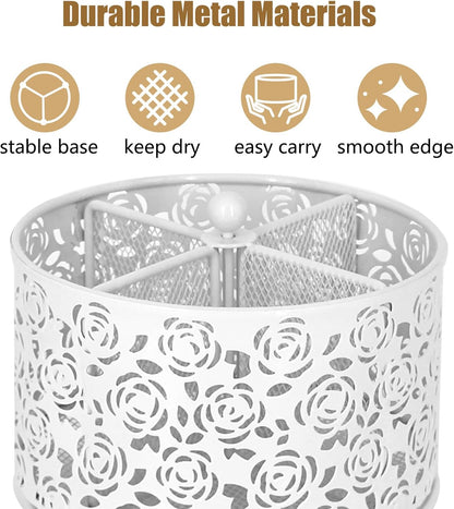DysanVica 360° Rotating Metal Silverware Caddy - 4 Compartment Utensil Cutlery Holder Fork Spoon Napkin Organizer Flatware Storage Basket Party Countertop Buffet Picnic Camping Outdoor (White)