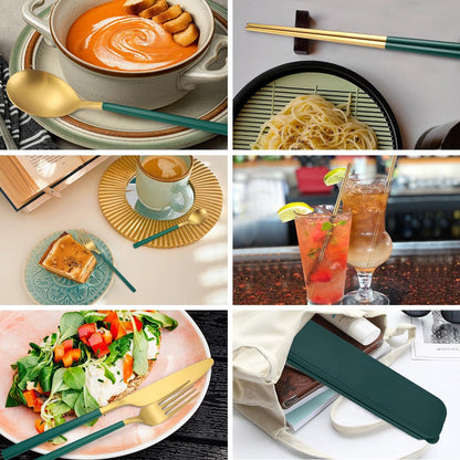 AARAINBOW 6 Pieces 18/8 Stainless Steel Flatware Set Portable Reusable Cutlery Set Travel Utensils Set Including Chopsticks Knife Fork Spoon Straws Cleaning Brush Dishwasher Safe (Green golden)