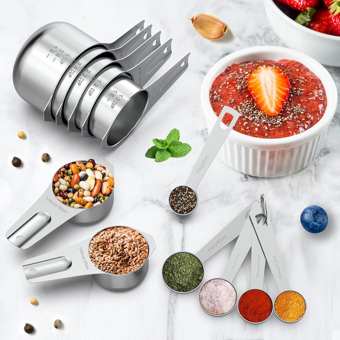 21 Pcs Stainless Steel Measuring Cups and Spoons Set, Wildone Stackable Metal Measuring Cups and Spoons for Cooking & Baking, Includes 7 Cups, 9 Spoons and 5 Mini Spoons（Black）