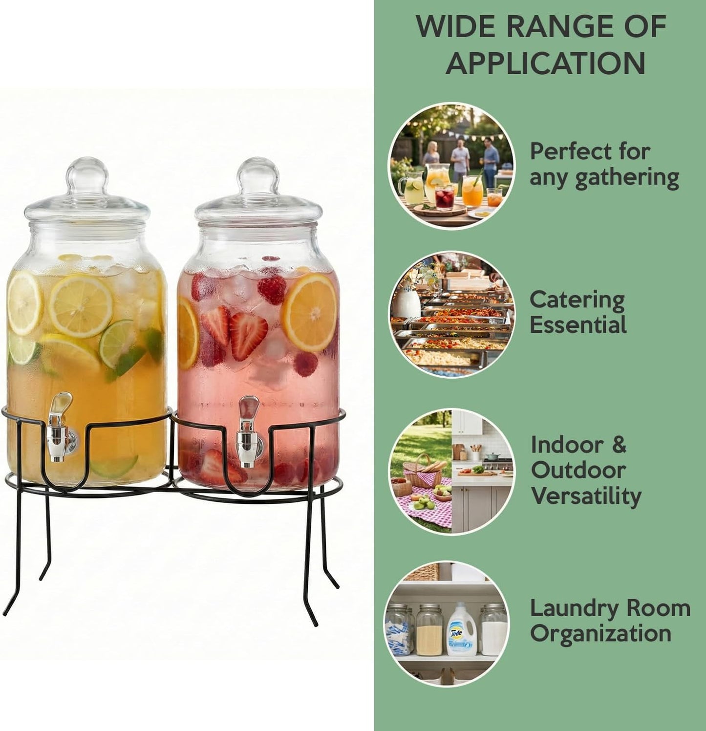 Style Setter Rustic Home Beverage Dispenser Set of 2 Cold Drink Dispenser w/ 1-Gallon Capacity each Glass Jug, Metal Rack & Leak-Proof Acrylic Chrome Spigot Great for Parties, Weddings
