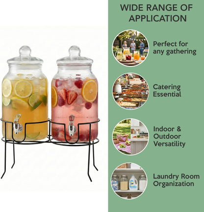 Style Setter Rustic Home Beverage Dispenser Set of 2 Cold Drink Dispenser w/ 1-Gallon Capacity each Glass Jug, Metal Rack & Leak-Proof Acrylic Chrome Spigot Great for Parties, Weddings