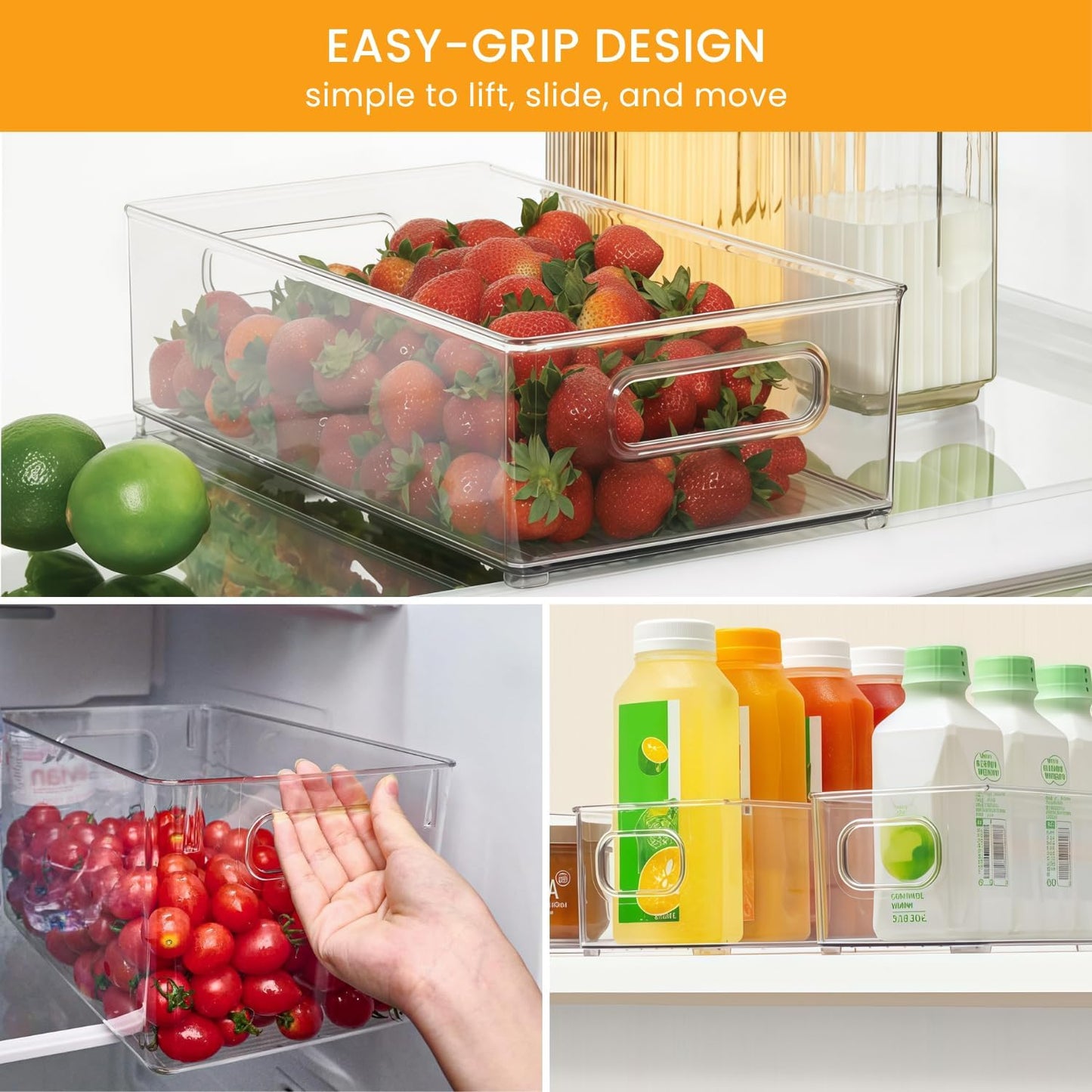 Stackable Refrigerator Organizer Large Bins, 6 Pack (3 Different Size) Clear Kitchen Organizer Container Bins with Handles for Pantry, Cabinets, Shelves, Drawer, Freezer, Fridge - Food Safe, BPA Free