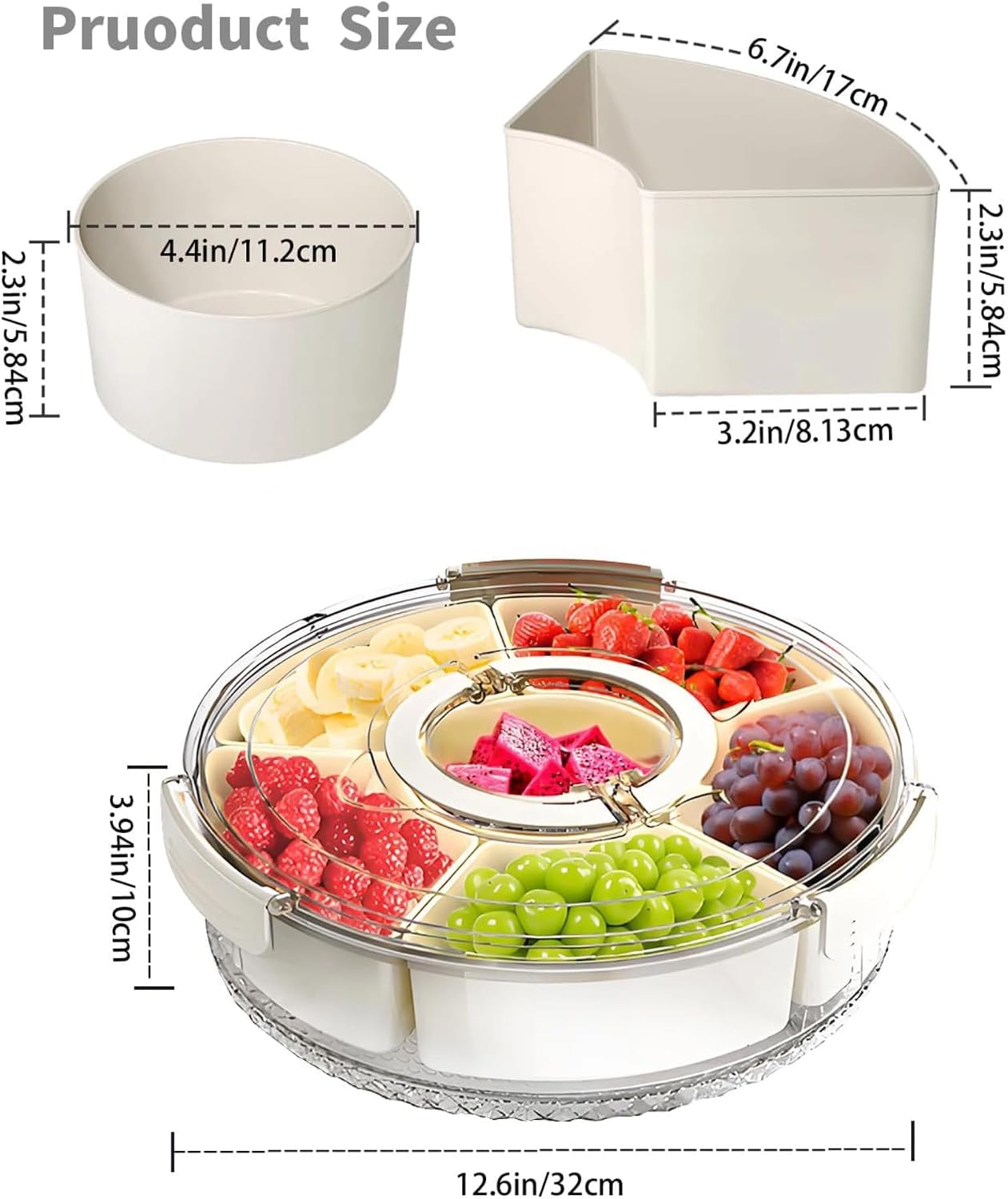 Divided Serving Tray with Lid and Handle, Round Rotating Snackle Box Container, 6-Compartment, for Fruits Candy Organizer, Portable Spinning Rounded Veggie Tray for Kitchen, Party, Trave and Picnic