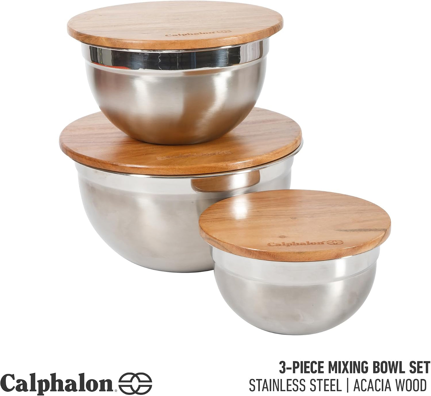 Calphalon Mixing Bowl Set, Stainless Steel Mixing Bowls With Lids, 3-Piece Stainless Steel Mixing Bowls with Glass Lids & Non-Slip Silicone Base, Prep and Storage Bowls Dishwasher Safe