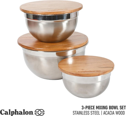 Calphalon Mixing Bowl Set, Stainless Steel Mixing Bowls With Lids, 3-Piece Stainless Steel Mixing Bowls with Glass Lids & Non-Slip Silicone Base, Prep and Storage Bowls Dishwasher Safe