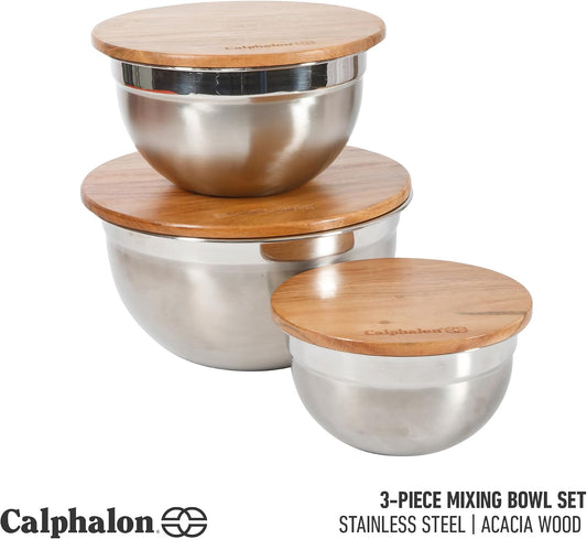 Calphalon Mixing Bowl Set, Stainless Steel Mixing Bowls With Lids, 3-Piece Stainless Steel Mixing Bowls with Glass Lids & Non-Slip Silicone Base, Prep and Storage Bowls Dishwasher Safe