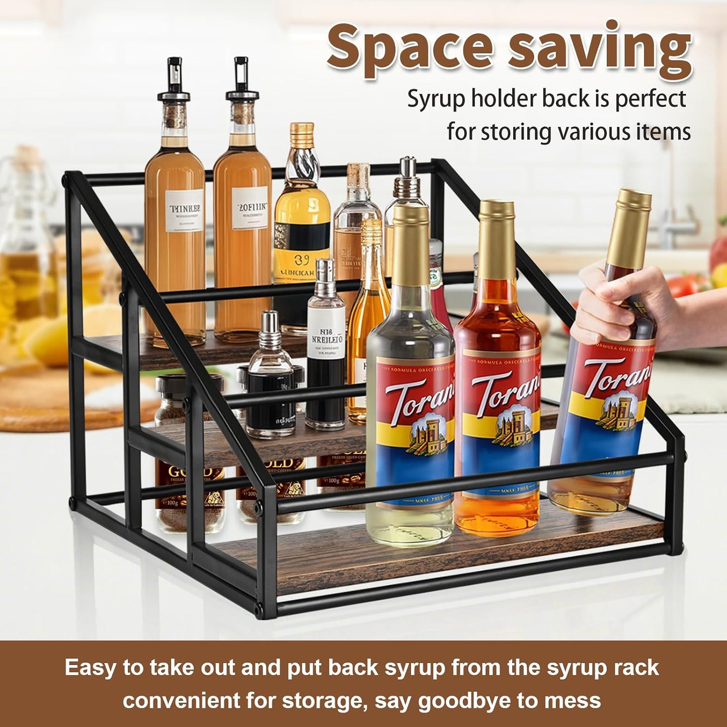 YQBRAO Coffee Syrup Rack Organizer,Liquor Bottle Display Shelf,2-Tier 4 Bottle Stand for Coffee Bar, Kitchen Station, Liquor, Wine, Dressing,Rustic Brown