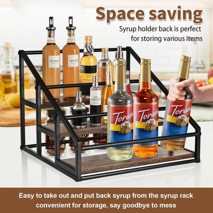 YQBRAO Coffee Syrup Rack Organizer,Liquor Bottle Display Shelf,2-Tier 4 Bottle Stand for Coffee Bar, Kitchen Station, Liquor, Wine, Dressing,Rustic Brown