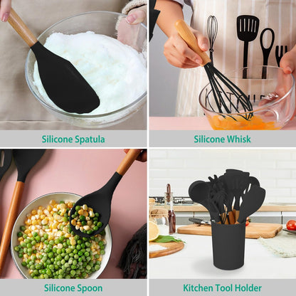 11-Piece Heat-Resistant Silicone Utensil Set with Wooden Handles & Holder — Spatula, Ladle, Tongs, Spaghetti Server, Whisk, Spoon, Carbon-Steel Core, Nonstick-Safe Kitchen Tools