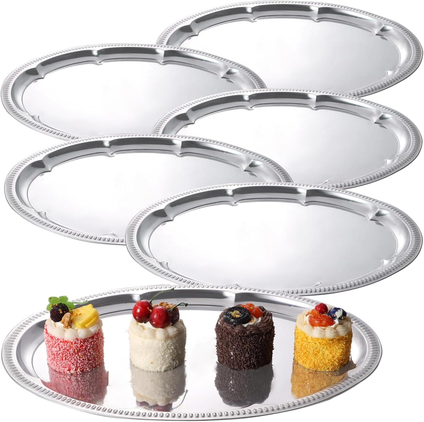 6 Pcs Silver Serving Tray, Large Serving Tray Set for Parties, Events, Stainless Steel Oval Floral Engraved Tray with Polished Surface, Food-Safe, 15.7x11.8 in