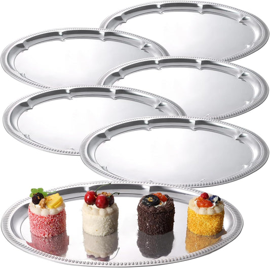 6 Pcs Silver Serving Tray, Large Serving Tray Set for Parties, Events, Stainless Steel Oval Floral Engraved Tray with Polished Surface, Food-Safe, 15.7x11.8 in