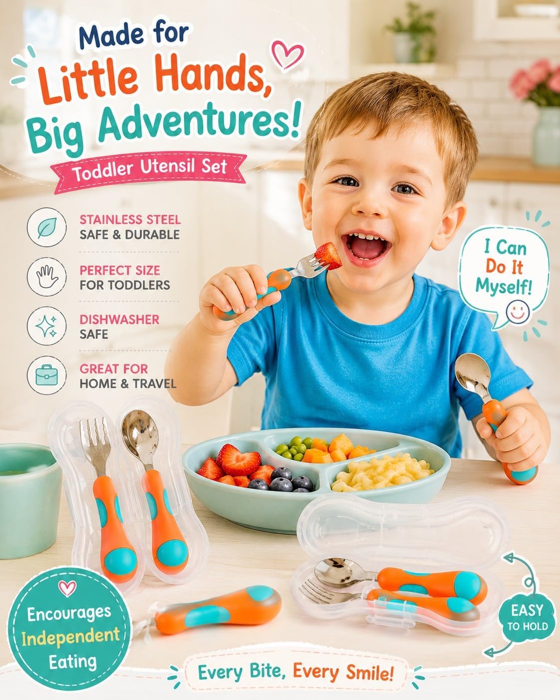 kinsho Toddler Utensils - Kids Silverware Set with Travel Case 3 pack - Stainless Steel Forks Spoons for 1 2 3 4 Years Old. Metal Lunch Box Cutlery for Children Girls, Round Handle, 6 Pieces Pink Blue