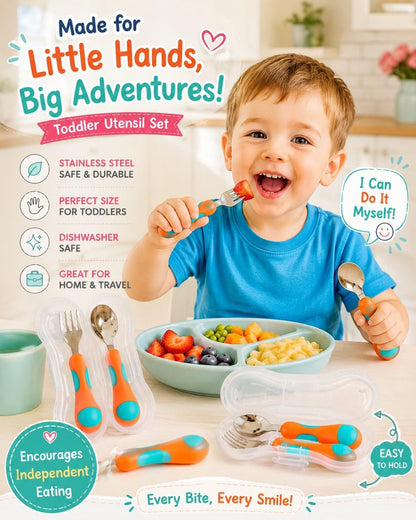 kinsho Toddler Utensils - Kids Silverware Set with Travel Case 3 pack - Stainless Steel Forks Spoons for 1 2 3 4 Years Old. Metal Lunch Box Cutlery for Children Girls, Round Handle, 6 Pieces Pink Blue