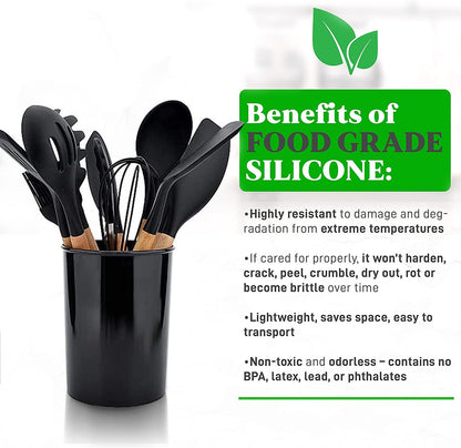 Silicone Cooking Utensils Set kitchen Utensils Set Wooden Handle Spoons Turner Brush Tong Soup Ladle Pasta Heat Resistant Non Stick Kitchen Utensils Heat Resistant Gadget Set With Holder BPA Free