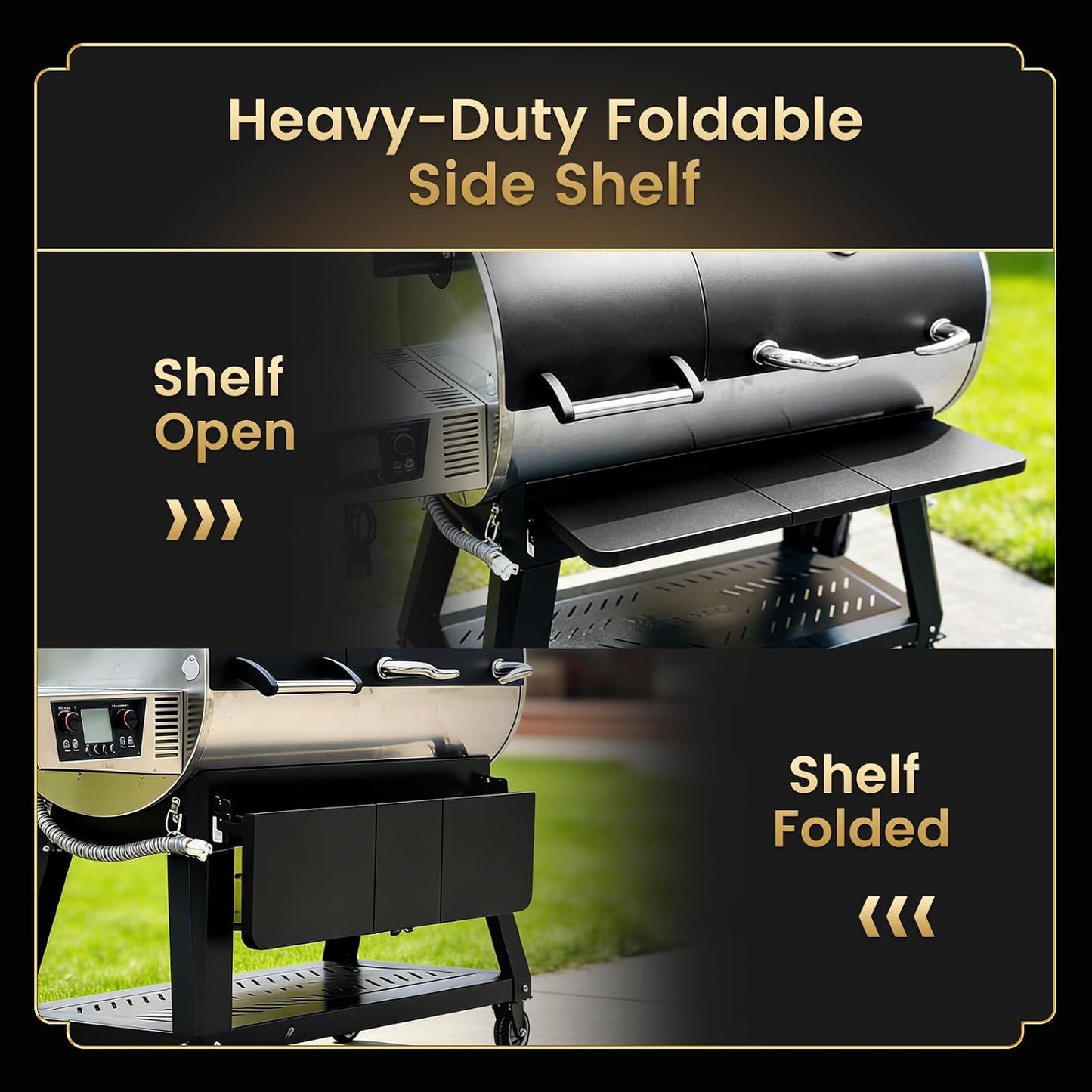 QuliMetal Folding Front Shelf for Traeger Pro 34, Texas Elite 34, Century 885 and Eastwood 34, 37" x 12" Heavy-Duty Grill Prep Table with Cutting Board, Stainless Steel Basin, Lid and 5 Hooks