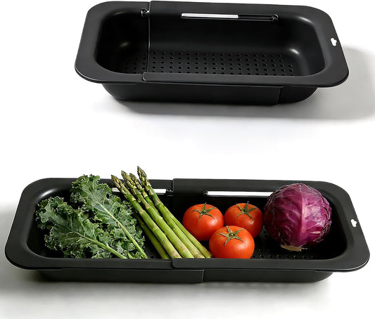 Extendable Colander Strainer Basket, Over the Sink Colander and Strainer for Kitchen, Wash Vegetables and Fruits, Drain Pasta and Dry Dishes, Adjustable Colander from 13.5In to 18.7In, Black