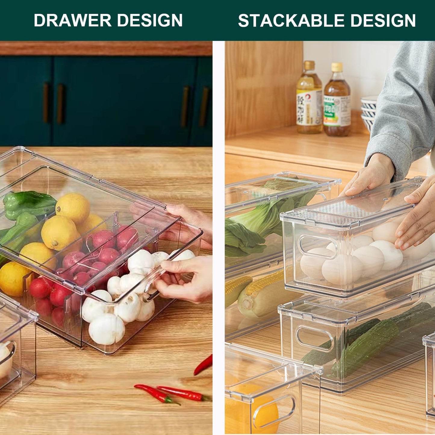 LALASTAR 2 Pack Fridge Organizer with Pull-out Drawer, Stackable Freezer Organizer Bin, Pantry Organization and Storage, BPA Free, 3.17QT