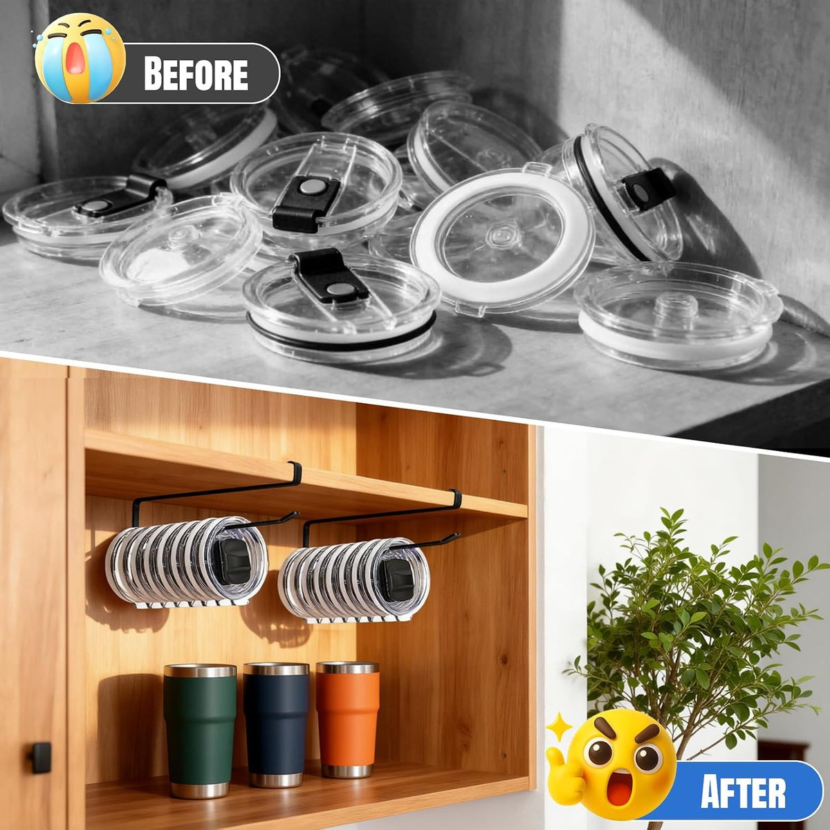 Tumbler Lid Organizer, No Adhesive or Drilling, Kitchen Space Saver