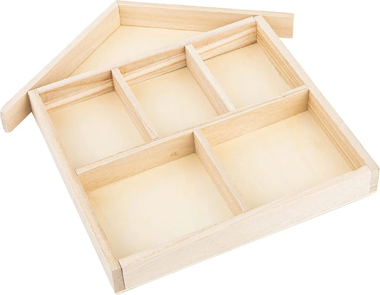 Hammont Wooden Tray – – House Shaped Sectional Divided Serving & Snack Platter for Appetizers, Veggies, Montessori Activities - 9"x1"x1" (House)