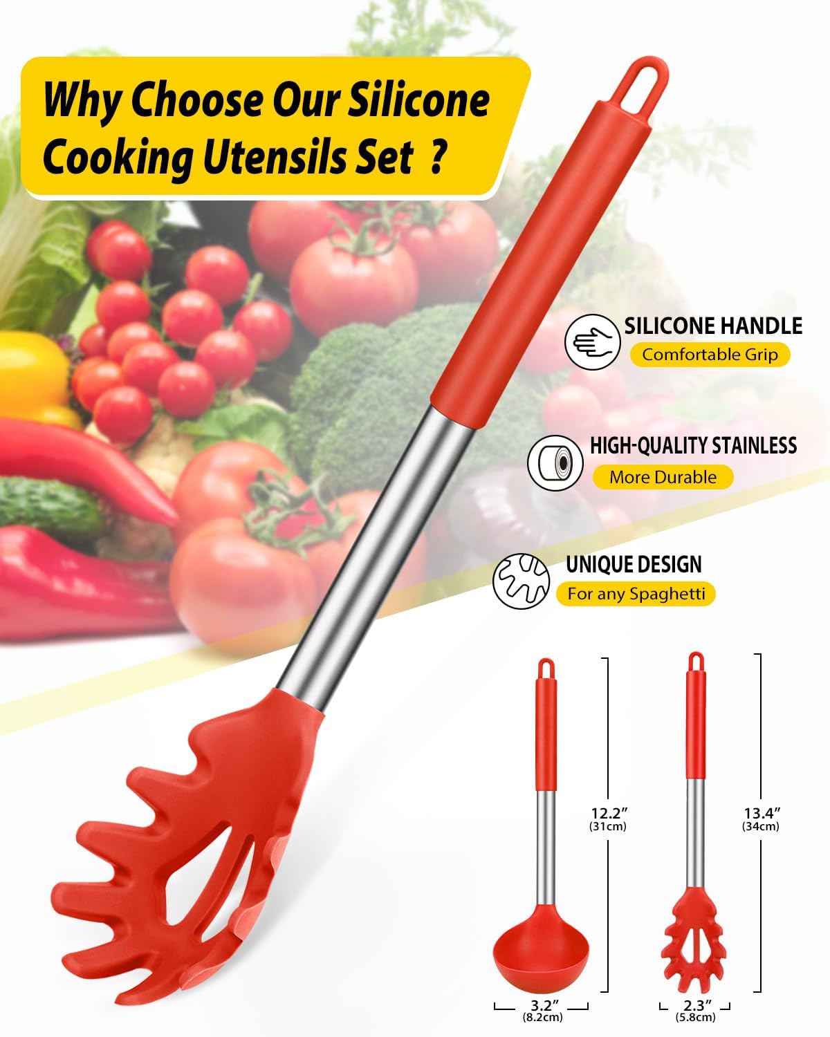BUNDLEPRO Silicone Soup Ladle and Pasta Spoon Set, 2 Pack, Gray