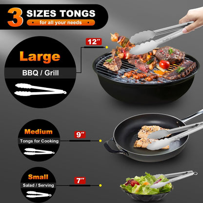 Walfos Kitchen Tongs for Cooking, 600℉ Heat Resistant Stainless Steel Tongs, All Metal Heavy Duty Tongs For Food ,BBQ Grilling - 7 ，9 and 12 Inch ,Set of 3