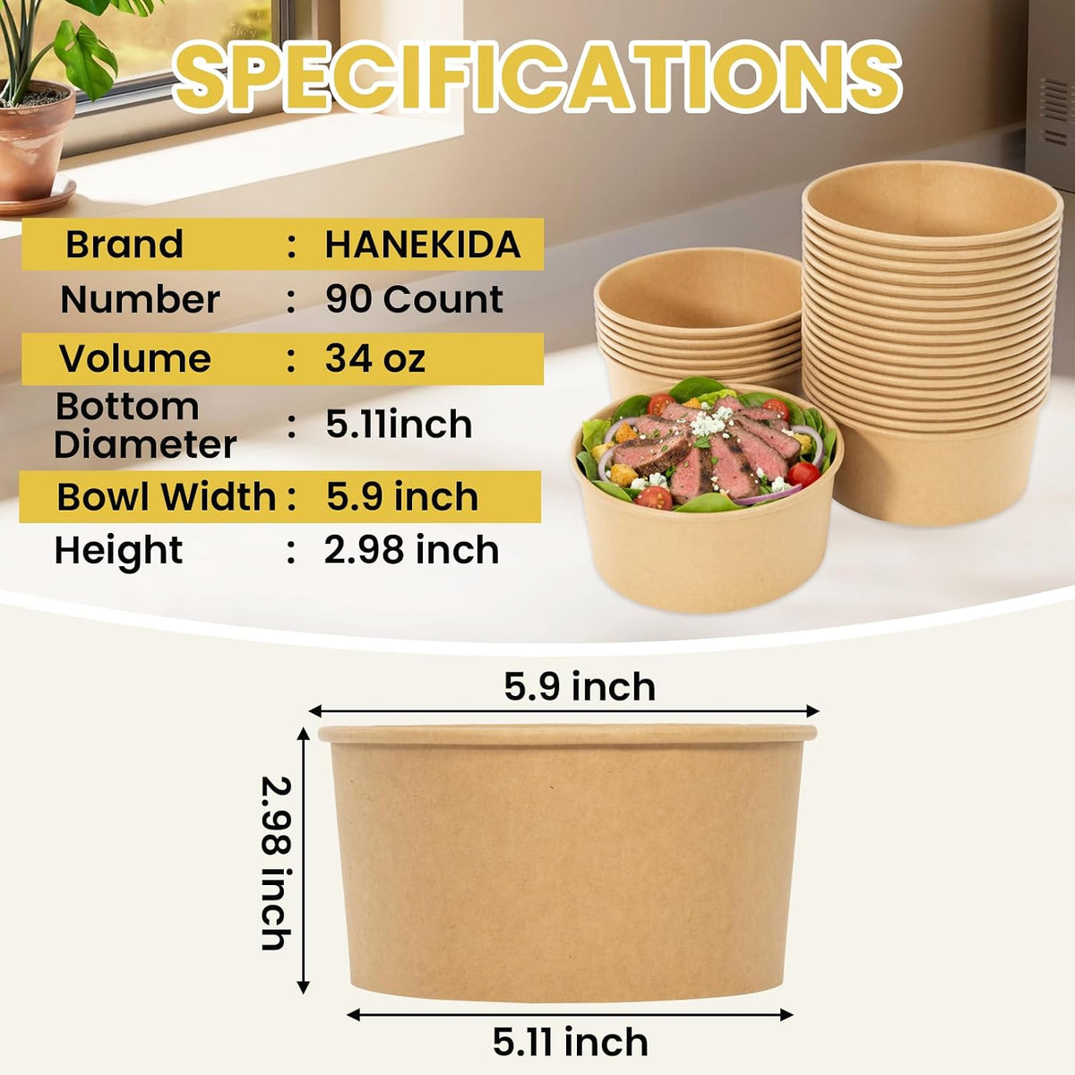 34 oz Paper Bowls with Lids, 50 Count Disposable Meal Prep Containers