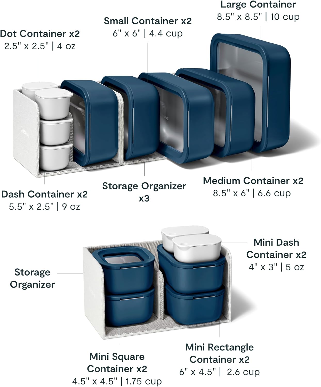 Caraway 13pc Glass Food Storage Container Set - Easy to Store, Non Toxic Lunch Box - with Glass Lids - Includes Storage Organizer - Mist