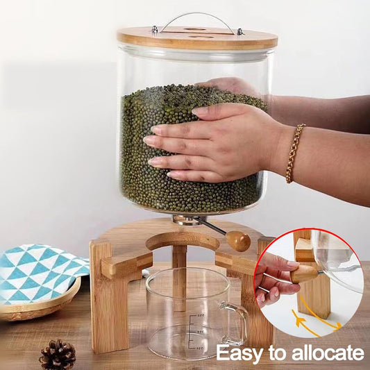 Glass Rice Dispenser 5L, Cereal Dispenser Countertop, Grain Dispenser/Food Storge Container for Kitchen and Pantry Organization, Cereal Dispenser with Bamboo Holder