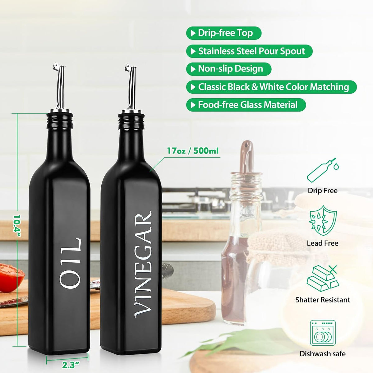 DaiRen Kitchen Oil and Vinegar Dispenser Set, 2 Pieces, 17oz, Black