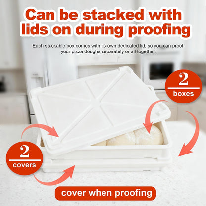 2 Pack Large Pizza Dough Proofing Boxes with Lids, Commercial Grade BPA-Free Proofing Containers, Fits Up to 10 Dough Balls, Stackable Dough Trays with FIFO Label Area & 2 Dry-Erase Markers