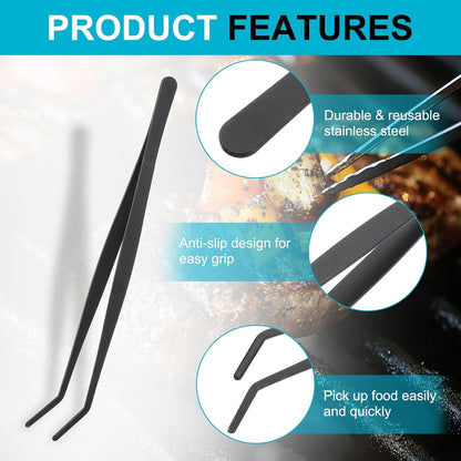 uxcell Kitchen Tweezers Stainless Steel, 8 Inch Food Tongs Fine Cooking Tweezers Set Extra-Long Tweezer Tongs for Cooking Grill Baking BBQ, Black Bend Clip