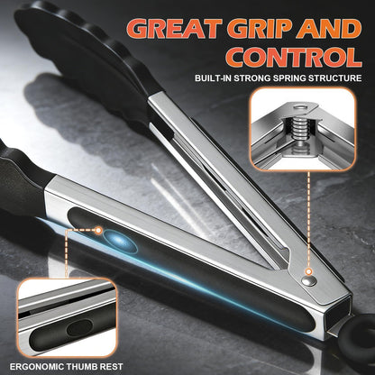 TACGEA Stainless Steel Kitchen Tongs with Silicone Tips, Locking Grilling Food Tongs, 7" 9" and 12", Set of 3 Black